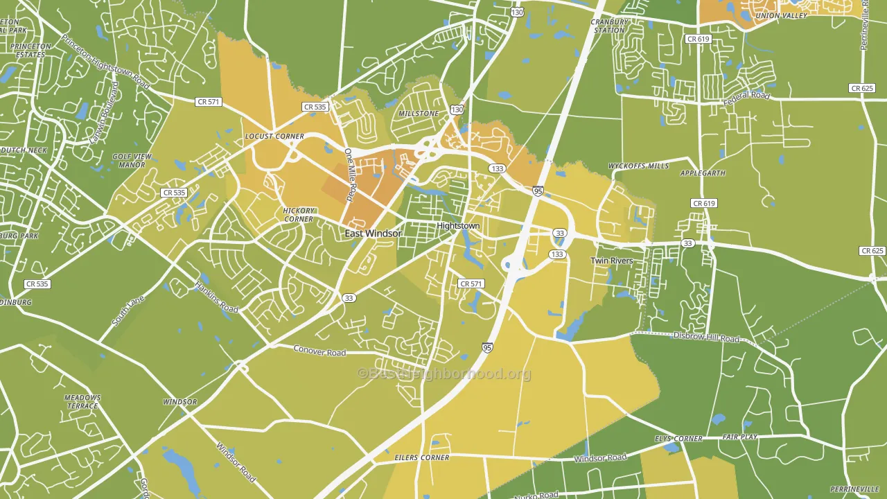 Map of the best neighborhoods in the Hightstown area, with better matches in green and worse matches in red