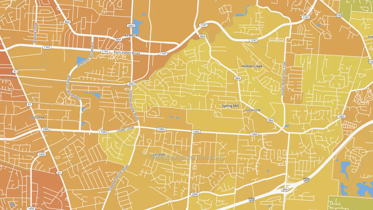 Map of the best neighborhoods in the Highview, Louisville area, with better matches in green and worse matches in red