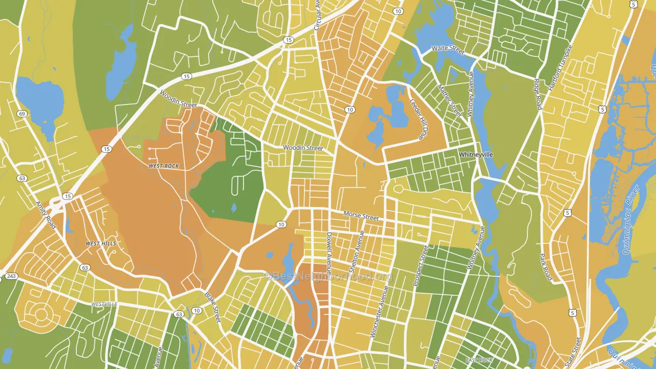 Map of the best neighborhoods in the Highwood, Hamden area, with better matches in green and worse matches in red