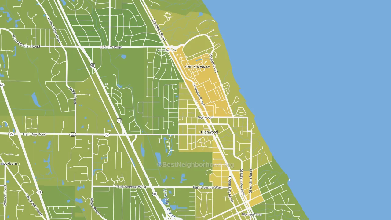 Map of the best neighborhoods in the Highwood area, with better matches in green and worse matches in red