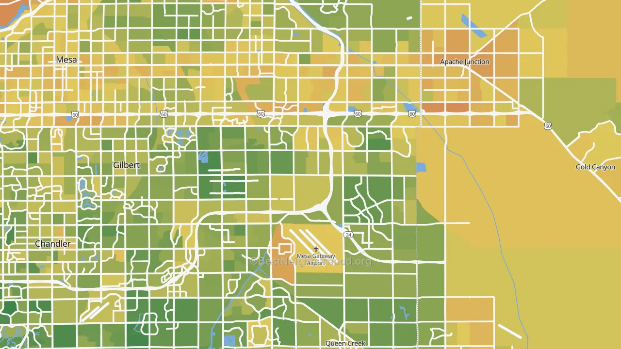 Map of the best neighborhoods in the Higley area, with better matches in green and worse matches in red