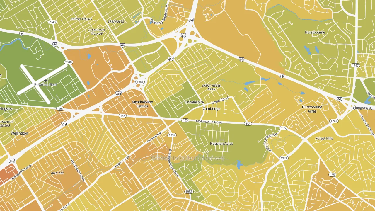 Map of the best neighborhoods in the Hikes Point, Louisville area, with better matches in green and worse matches in red