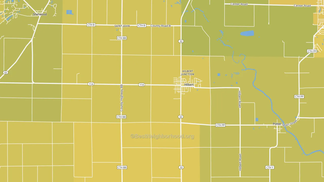 Map of the best neighborhoods in the Hilbert area, with better matches in green and worse matches in red