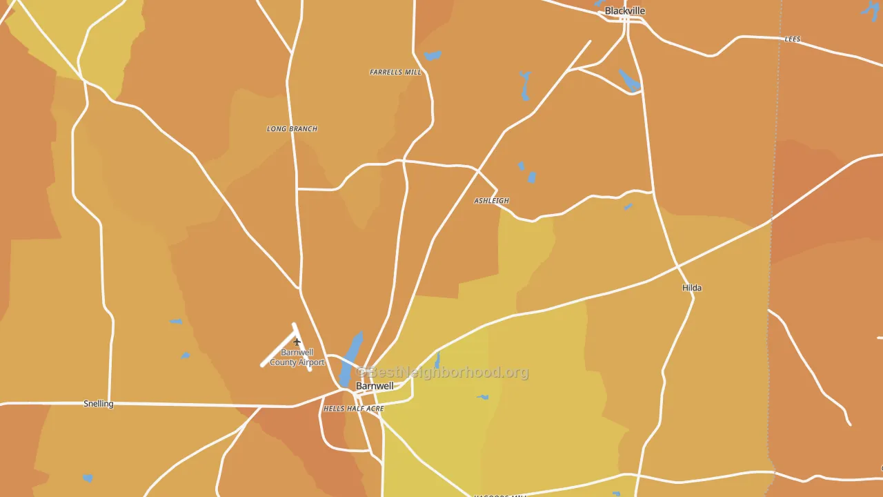 Map of the best neighborhoods in the Hilda area, with better matches in green and worse matches in red