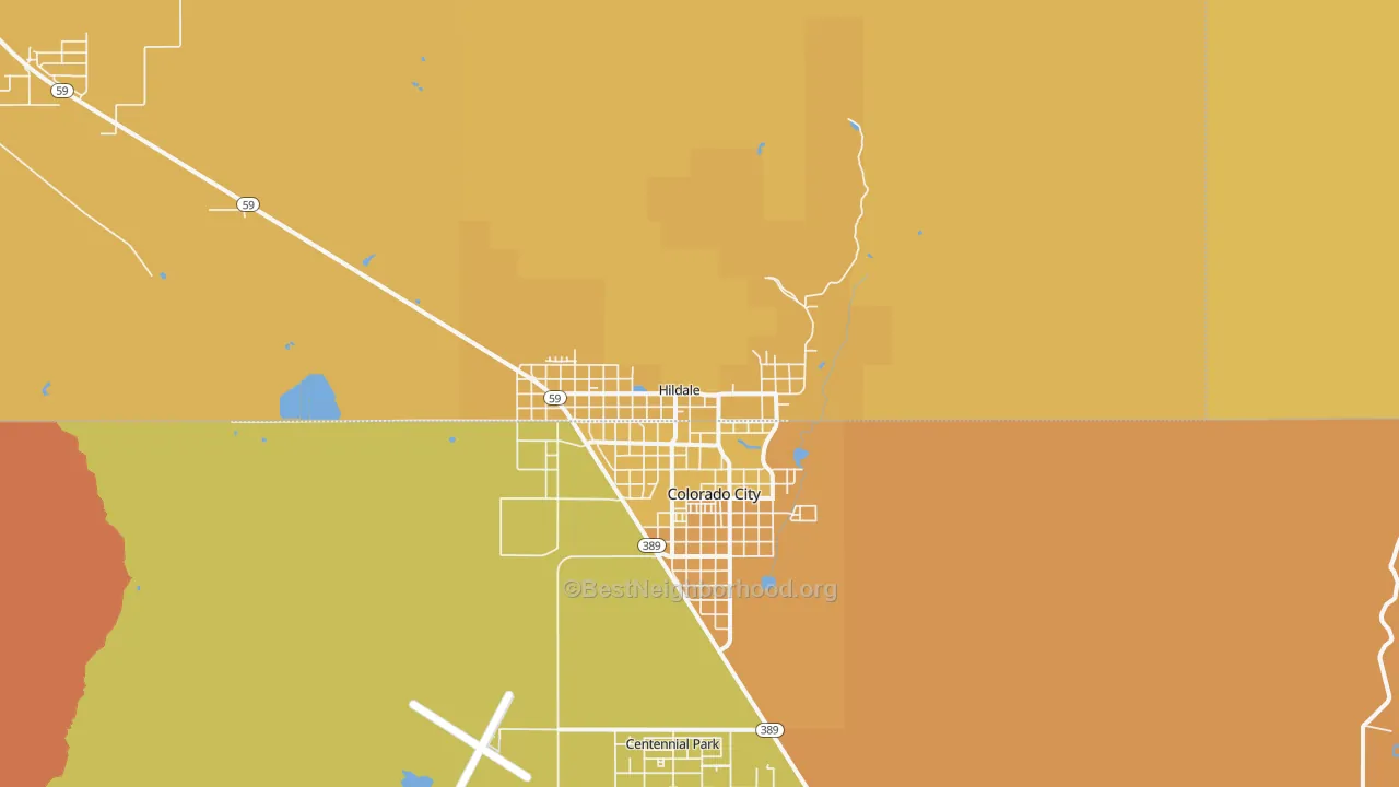 Map of the best neighborhoods in the Hildale area, with better matches in green and worse matches in red