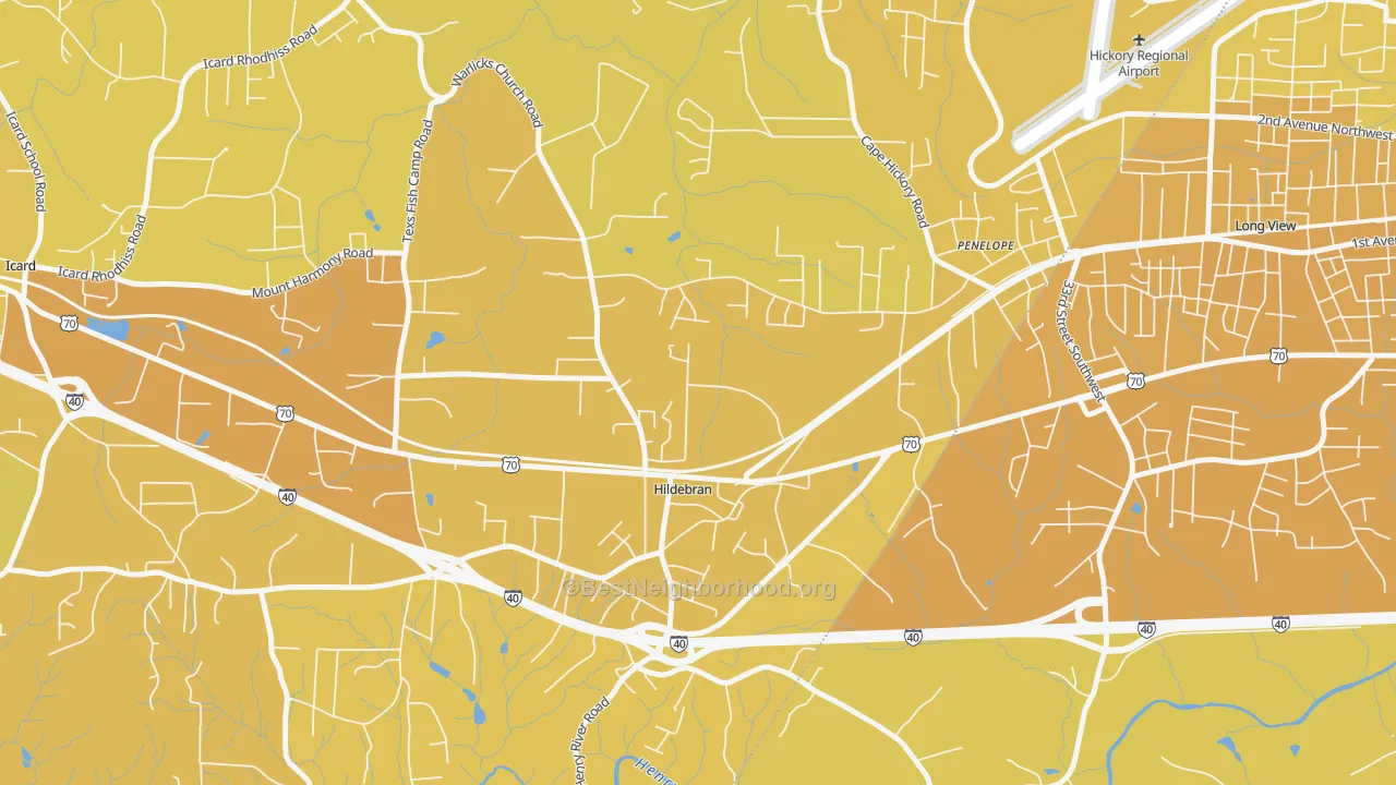 Map of the best neighborhoods in the Hildebran area, with better matches in green and worse matches in red