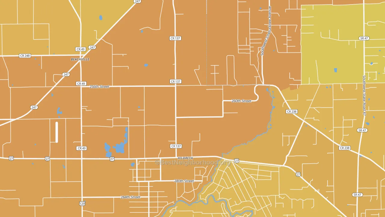 Map of the best neighborhoods in the Hildreth area, with better matches in green and worse matches in red