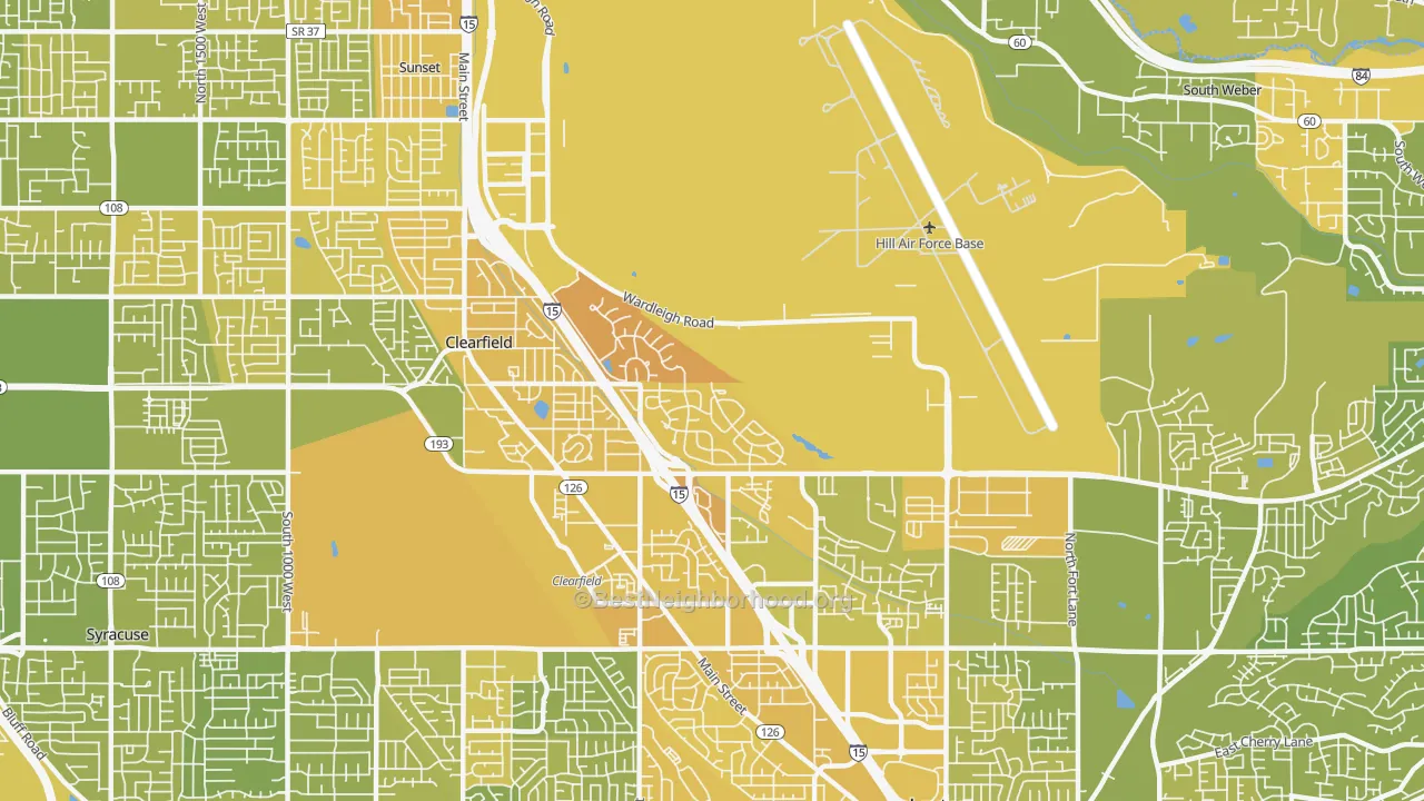 Map of the best neighborhoods in the Hill Afb area, with better matches in green and worse matches in red