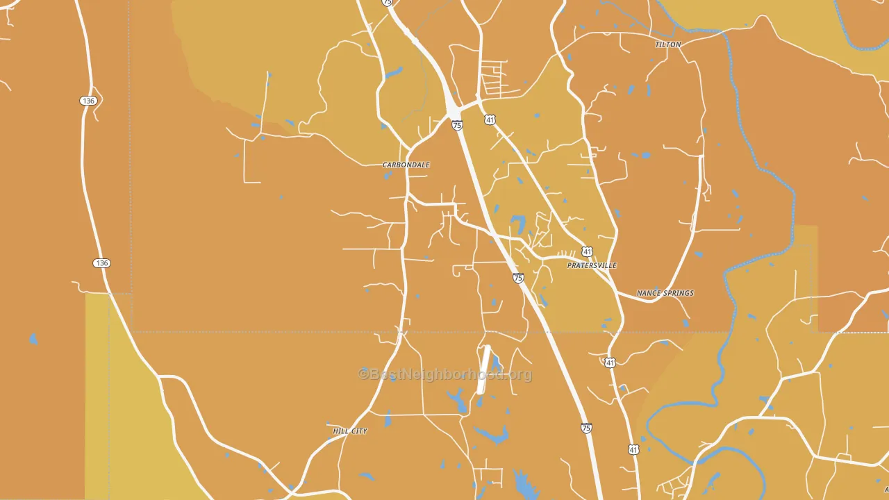 Map of the best neighborhoods in the Hill City area, with better matches in green and worse matches in red