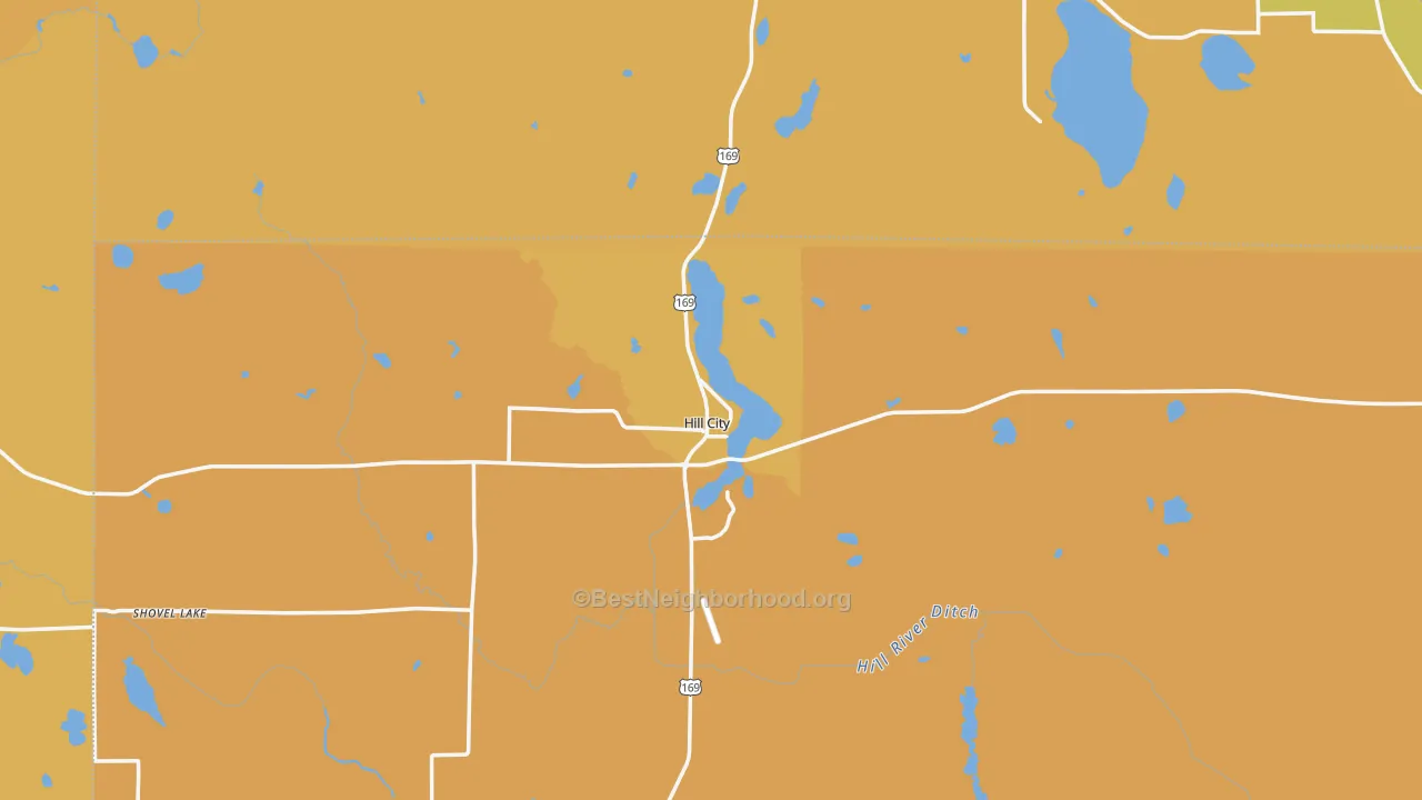 Map of the best neighborhoods in the Hill City area, with better matches in green and worse matches in red