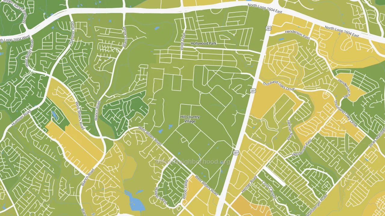 Map of the best neighborhoods in the Hill Country Village area, with better matches in green and worse matches in red