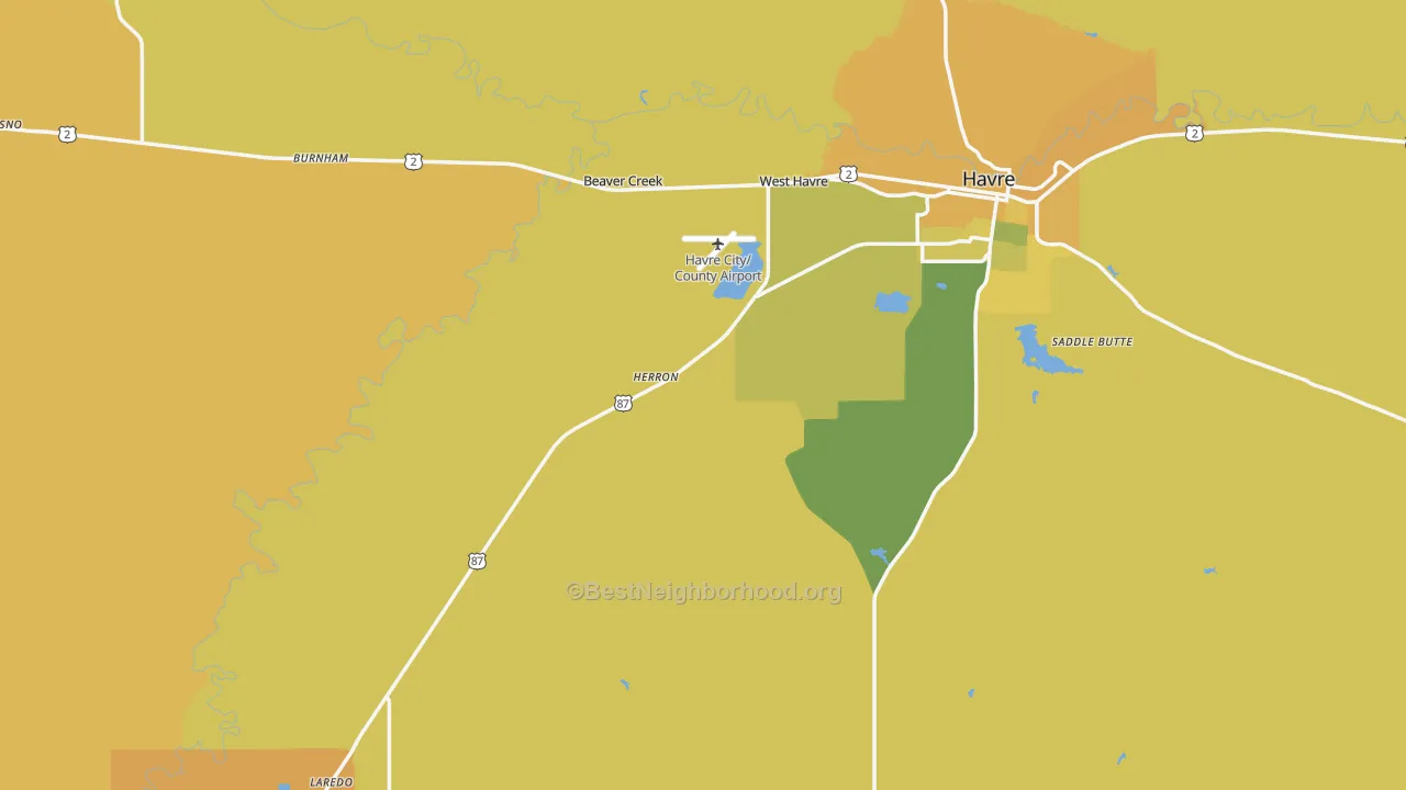 Map of the best neighborhoods in the Hill County area, with better matches in green and worse matches in red