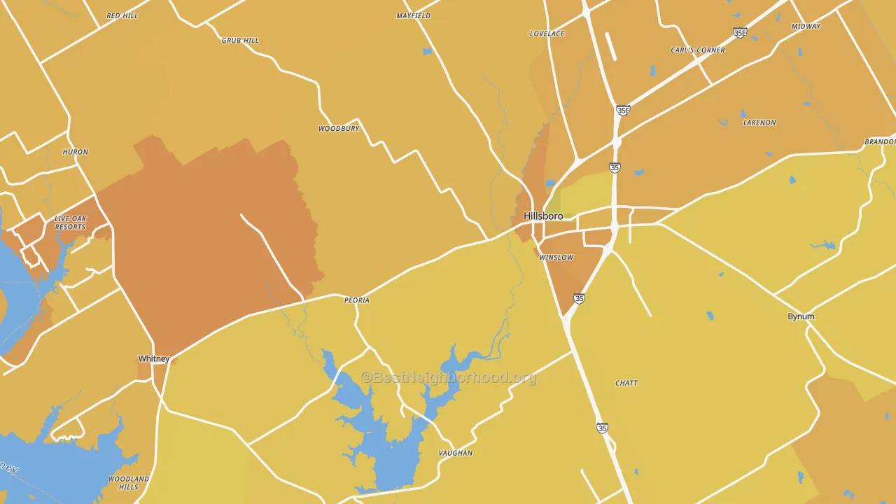 Map of the best neighborhoods in the Hill County area, with better matches in green and worse matches in red