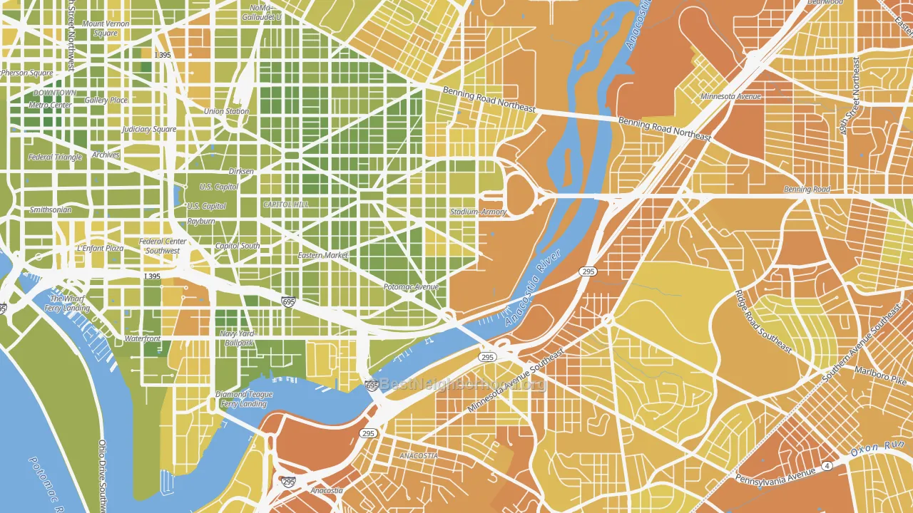 Map of the best neighborhoods in the Hill East, Washington area, with better matches in green and worse matches in red