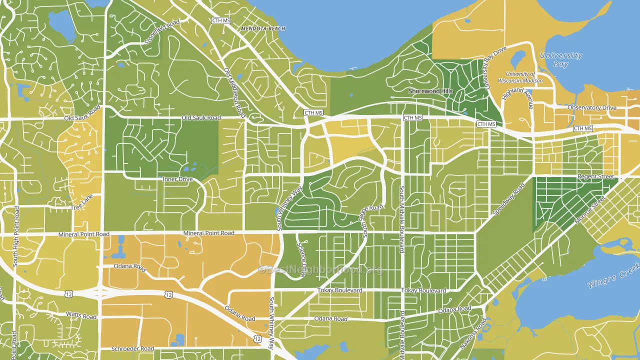 Map of the best neighborhoods in the Hill Farms-University Neighborh, Madison area, with better matches in green and worse matches in red