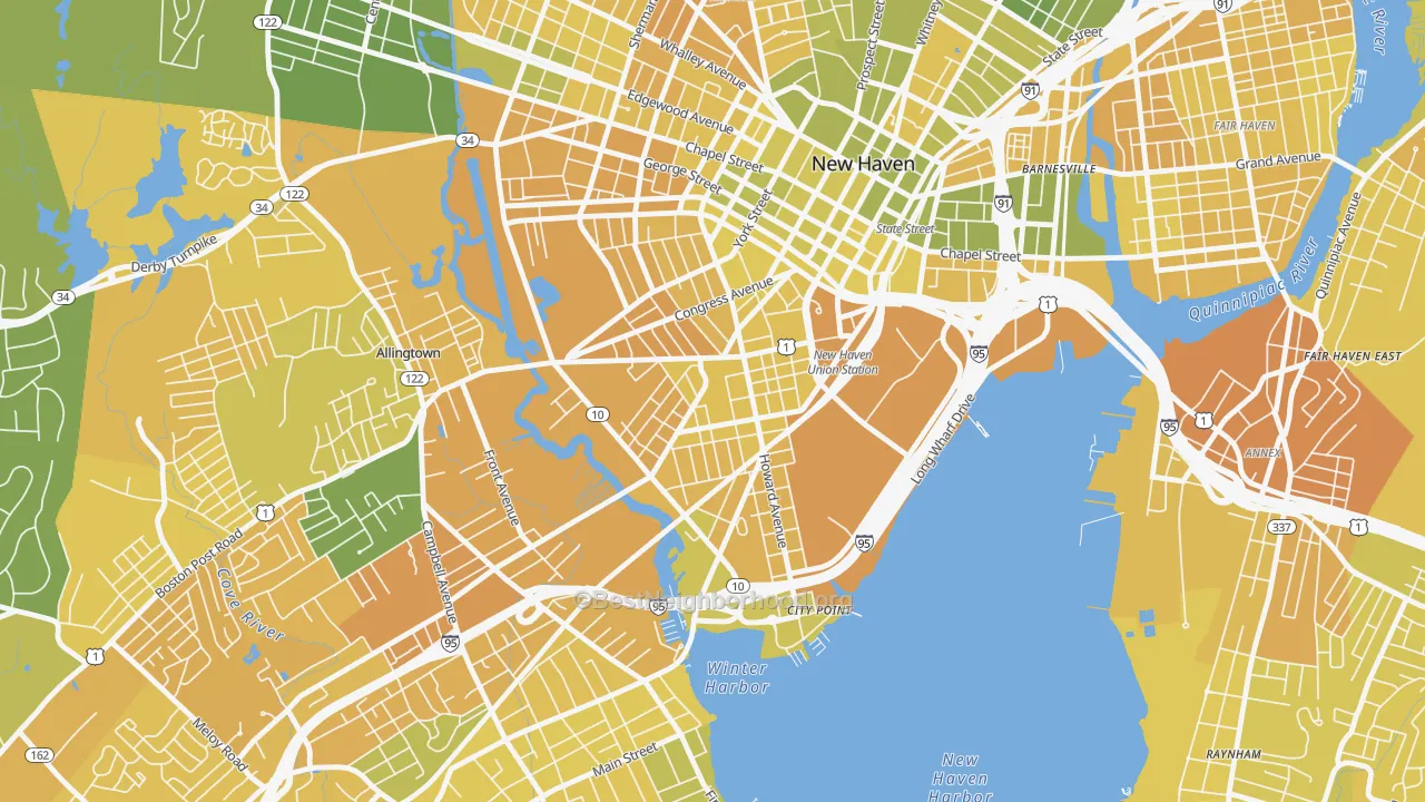 Map of the best neighborhoods in the Hill, New Haven area, with better matches in green and worse matches in red