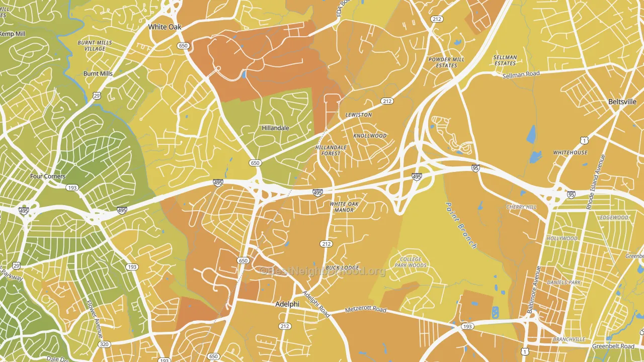 Map of the best neighborhoods in the Hillandale, Silver Spring area, with better matches in green and worse matches in red