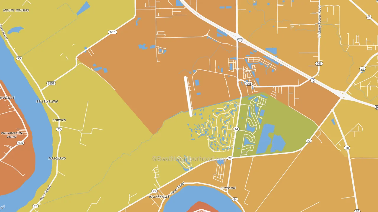 Map of the best neighborhoods in the Hillaryville area, with better matches in green and worse matches in red
