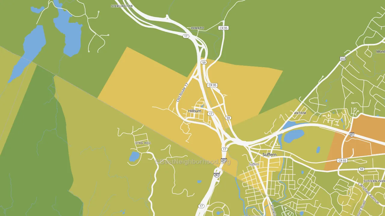 Map of the best neighborhoods in the Hillburn area, with better matches in green and worse matches in red