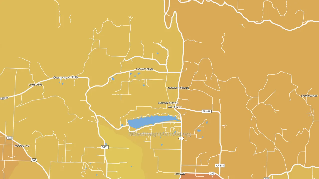 Map of the best neighborhoods in the Hillcrest area, with better matches in green and worse matches in red