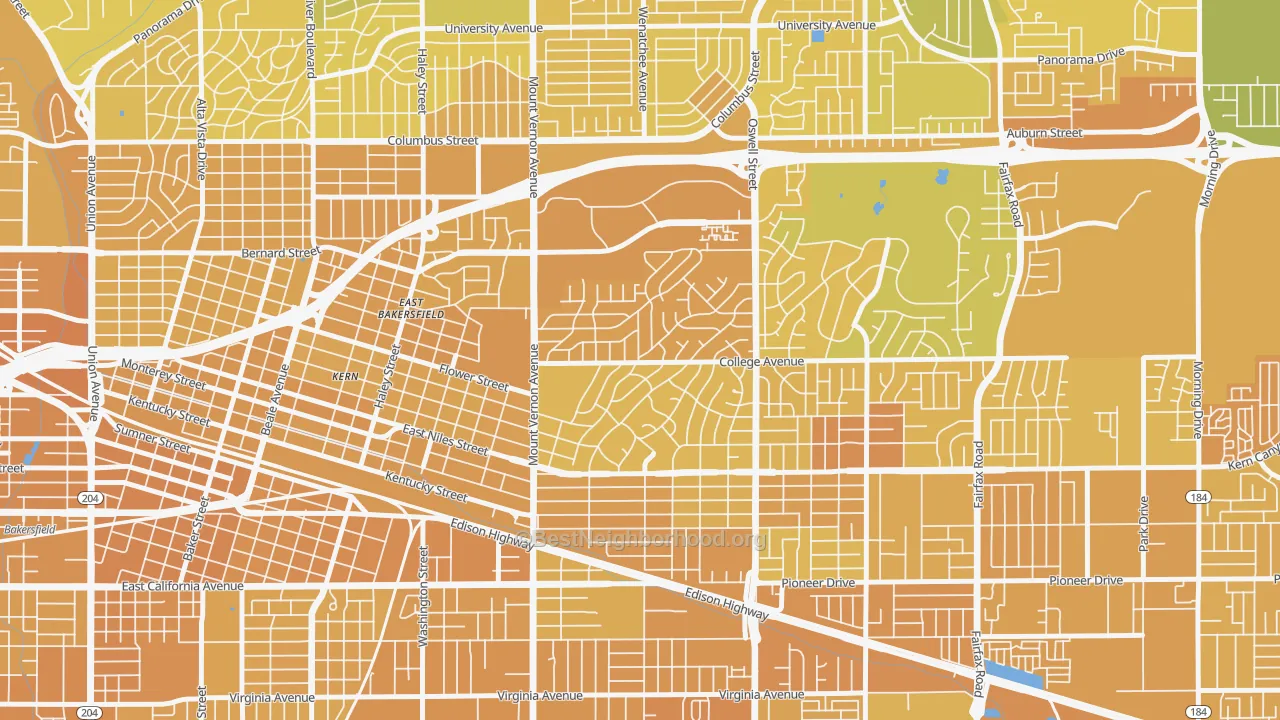 Map of the best neighborhoods in the Hillcrest-Bakersfield, Bakersfield area, with better matches in green and worse matches in red