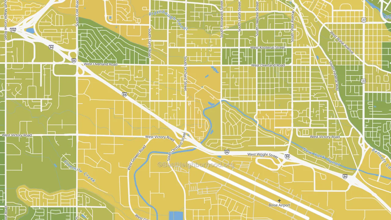 Map of the best neighborhoods in the Hillcrest, Boise area, with better matches in green and worse matches in red
