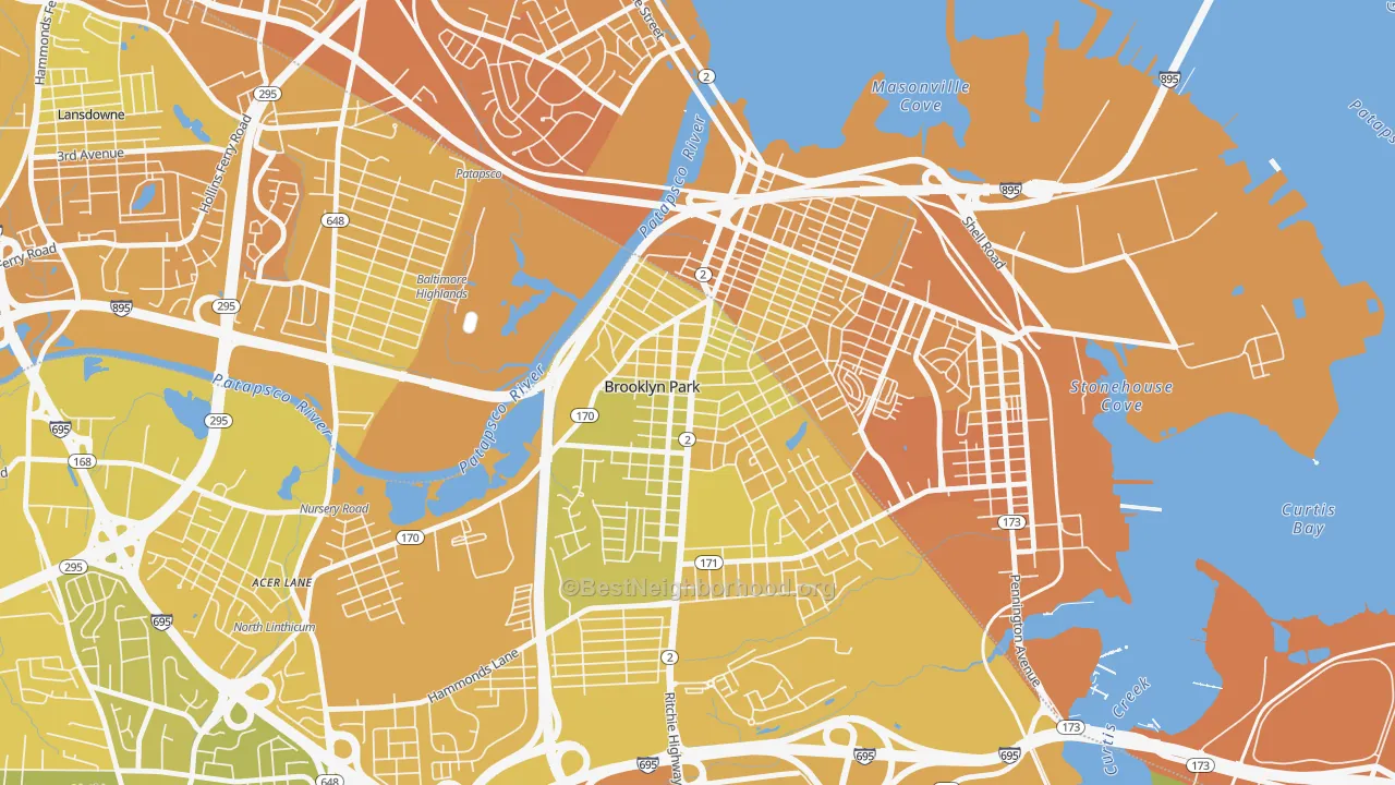 Map of the best neighborhoods in the Hillcrest, Brooklyn Park area, with better matches in green and worse matches in red