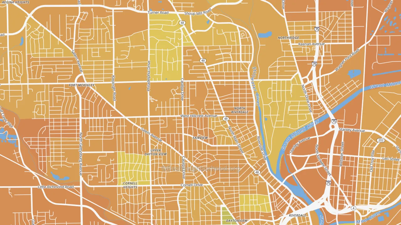 Map of the best neighborhoods in the Hillcrest, Dayton area, with better matches in green and worse matches in red