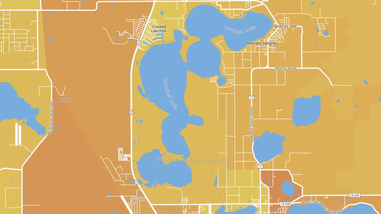 Map of the best neighborhoods in the Hillcrest Heights area, with better matches in green and worse matches in red