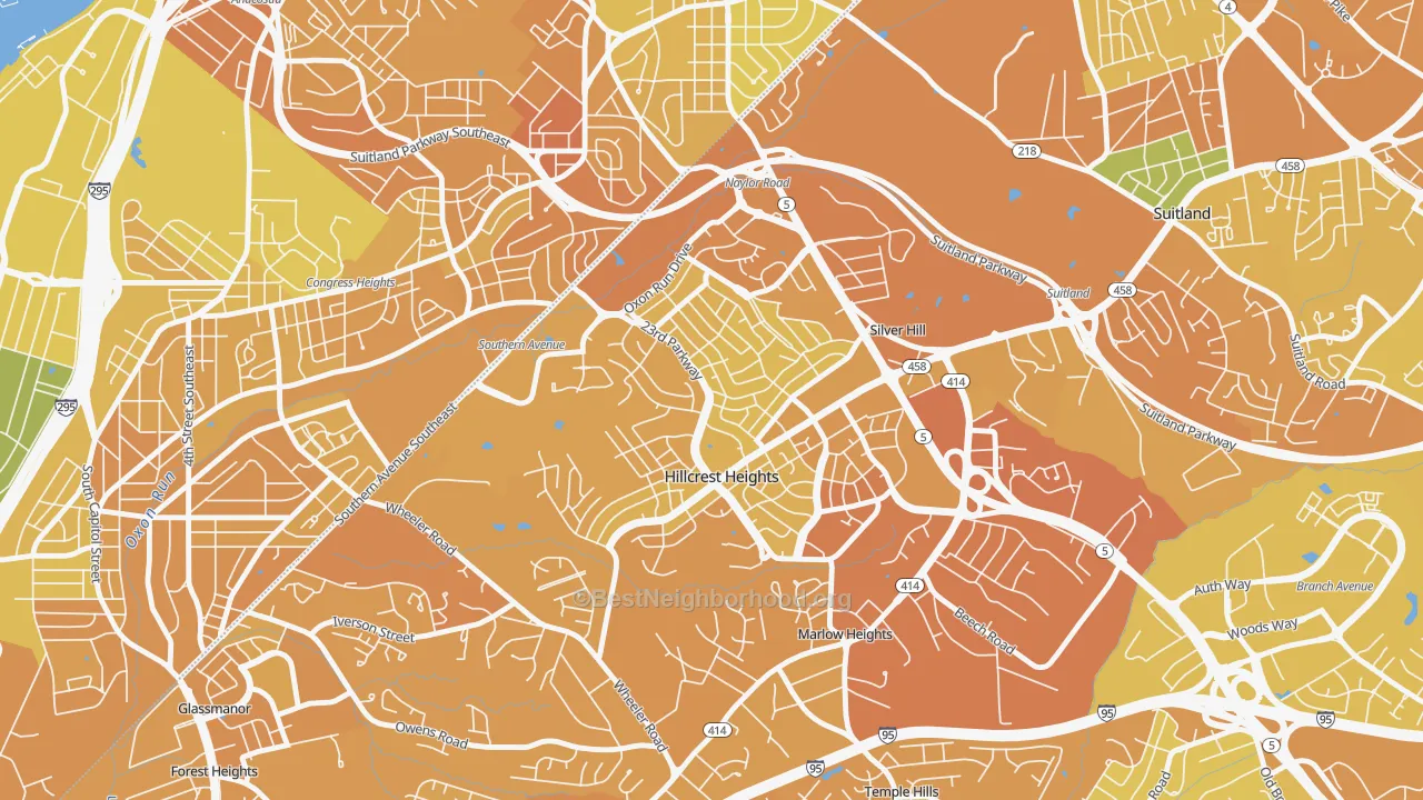 Map of the best neighborhoods in the Hillcrest Heights area, with better matches in green and worse matches in red