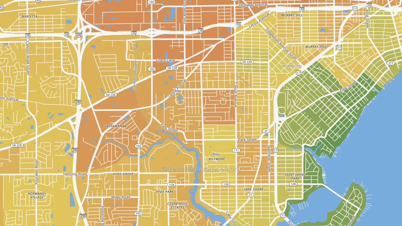 Map of the best neighborhoods in the Hillcrest, Jacksonville area, with better matches in green and worse matches in red