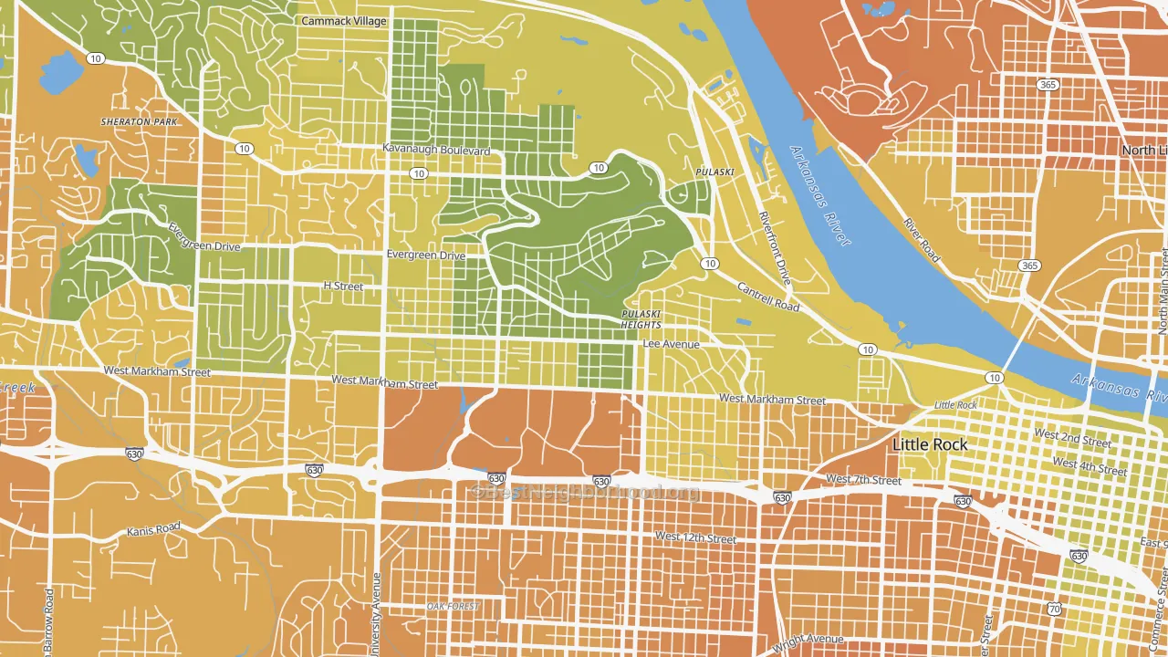 Map of the best neighborhoods in the Hillcrest, Little Rock area, with better matches in green and worse matches in red