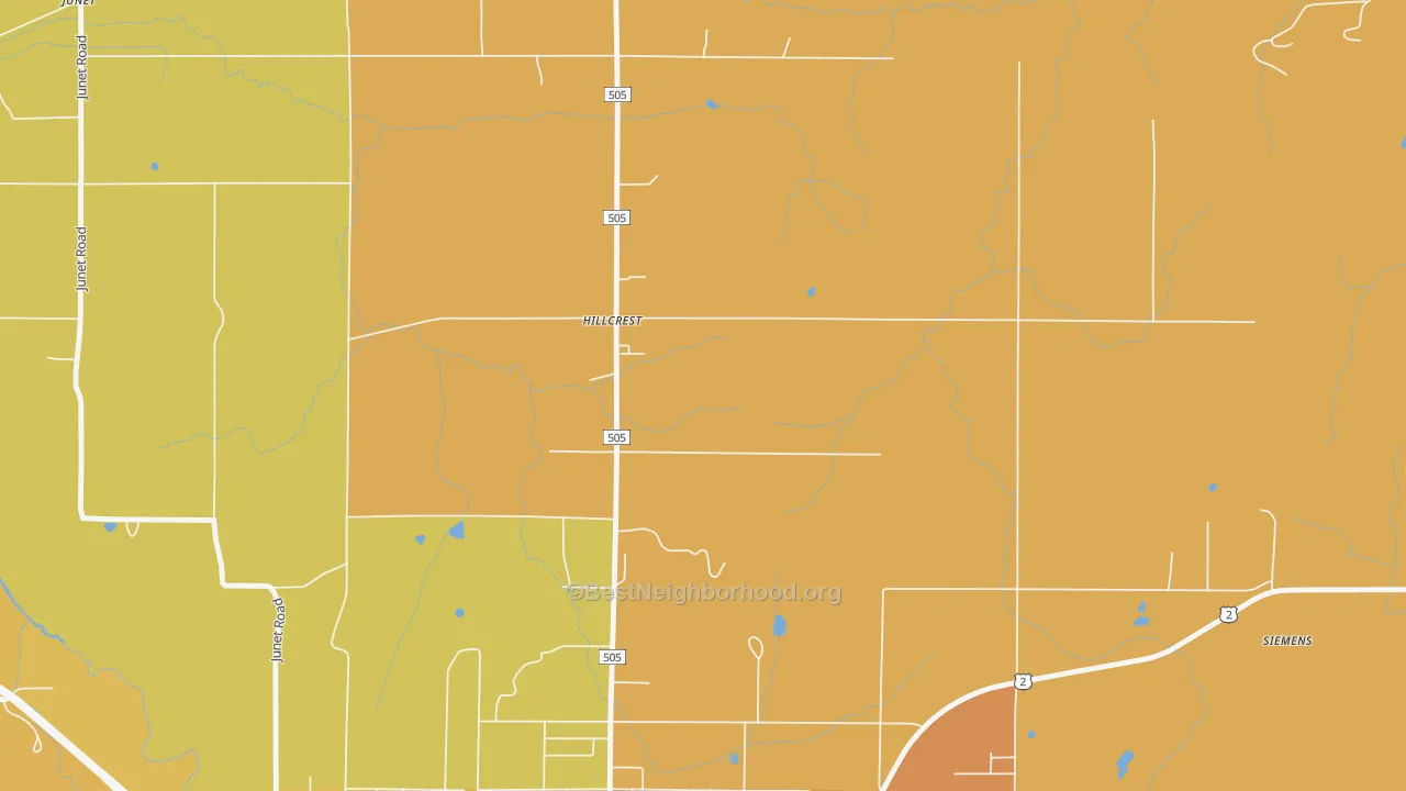 Map of the best neighborhoods in the Hillcrest area, with better matches in green and worse matches in red