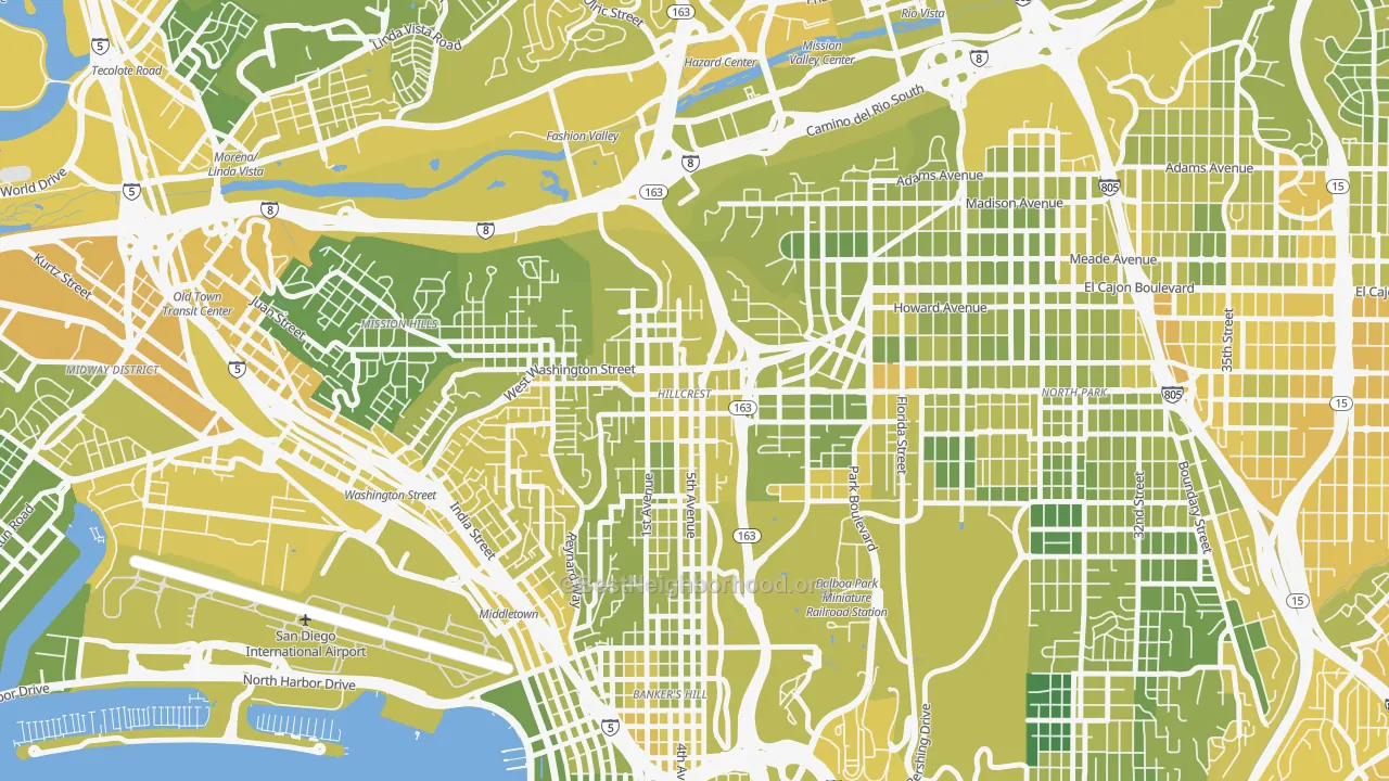 Map of the best neighborhoods in the Hillcrest, San Diego area, with better matches in green and worse matches in red