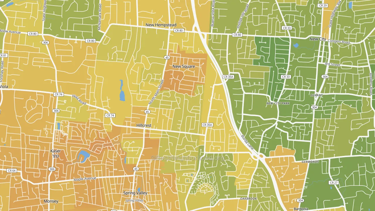 Map of the best neighborhoods in the Hillcrest, Spring Valley area, with better matches in green and worse matches in red