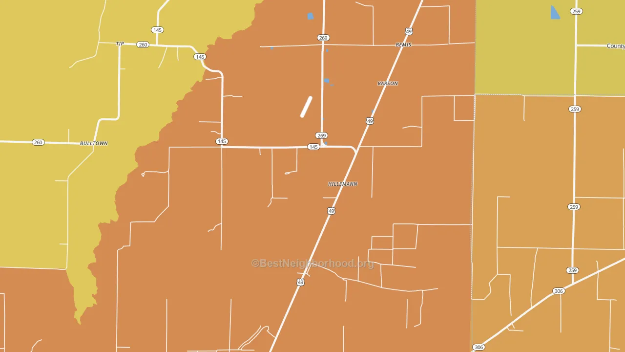Map of the best neighborhoods in the Hillemann area, with better matches in green and worse matches in red