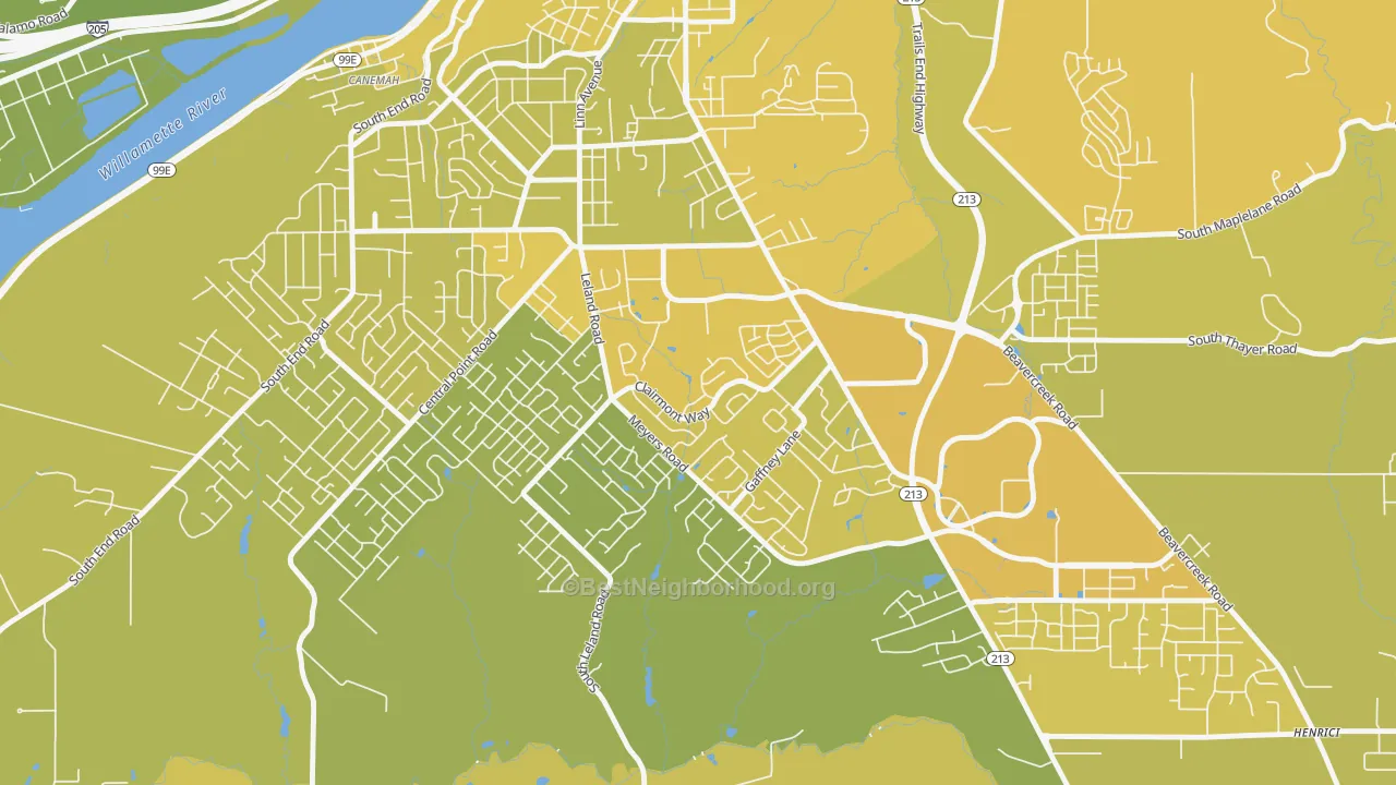 Map of the best neighborhoods in the Hillendale, Oregon City area, with better matches in green and worse matches in red