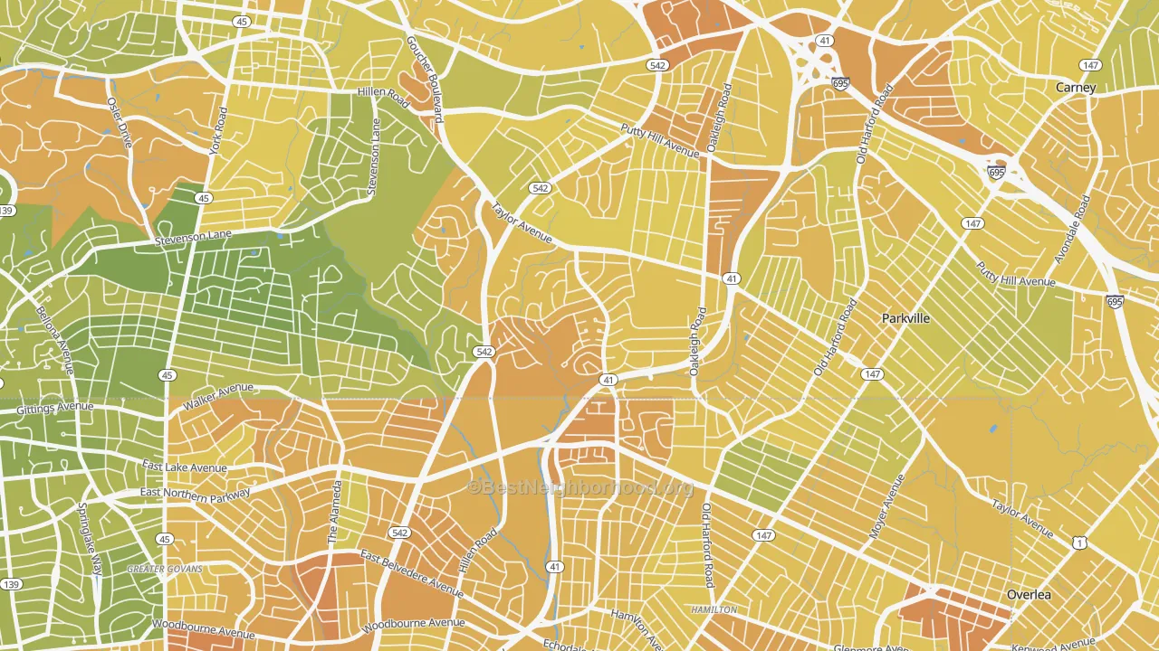 Map of the best neighborhoods in the Hillendale, Parkville area, with better matches in green and worse matches in red