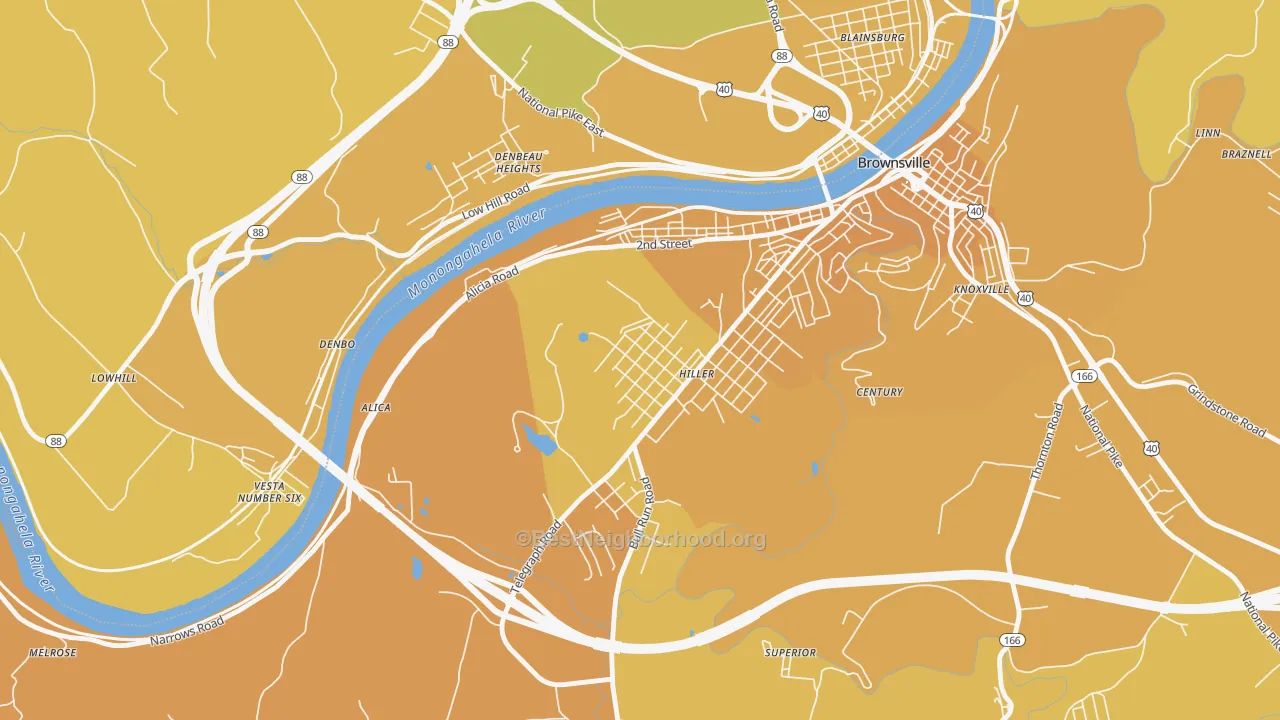 Map of the best neighborhoods in the Hiller area, with better matches in green and worse matches in red