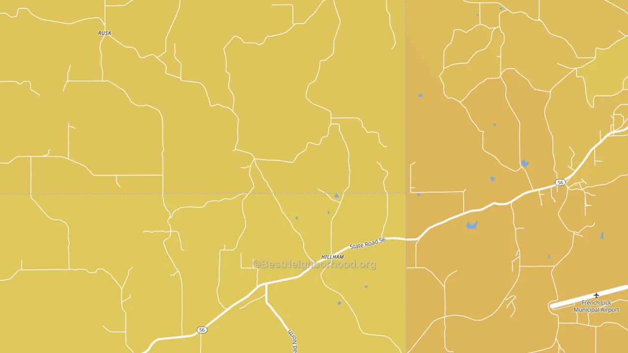Map of the best neighborhoods in the Hillham area, with better matches in green and worse matches in red
