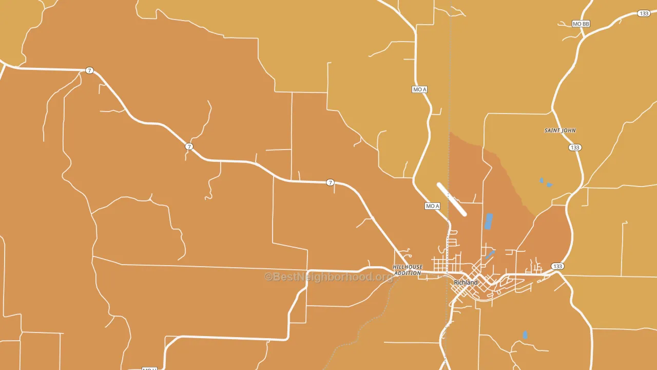 Map of the best neighborhoods in the Hillhouse Addition area, with better matches in green and worse matches in red