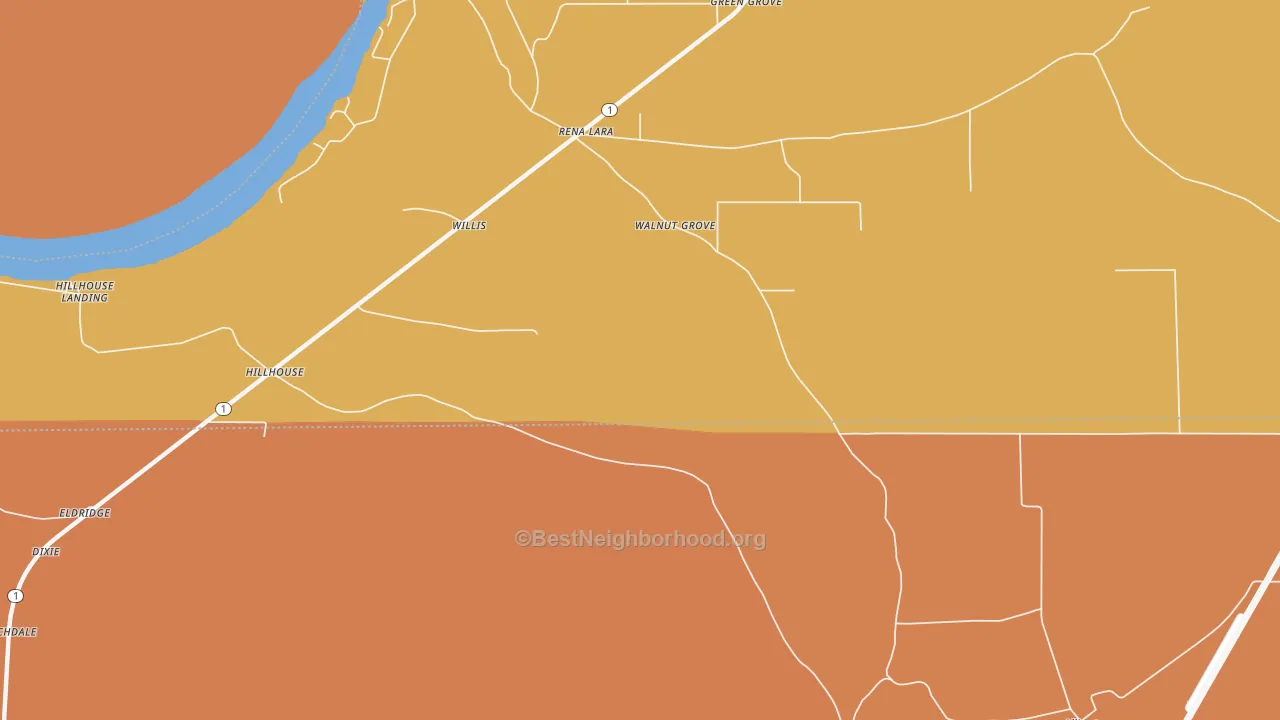 Map of the best neighborhoods in the Hillhouse area, with better matches in green and worse matches in red