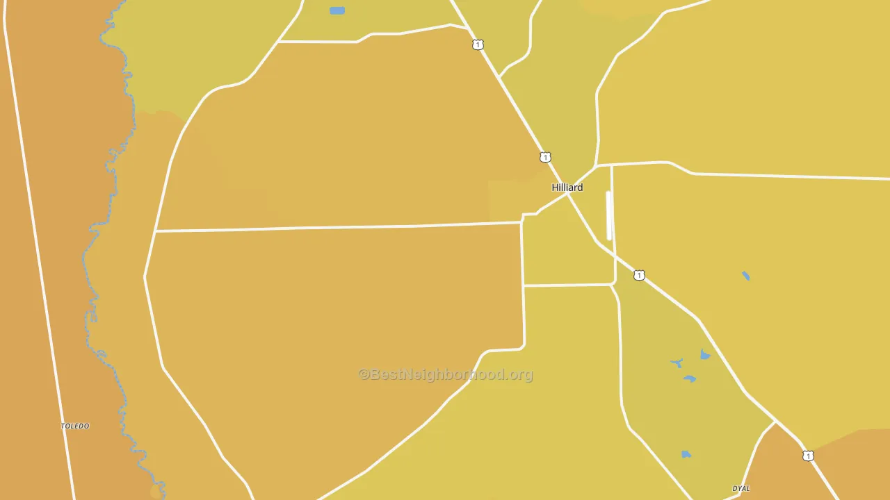 Map of the best neighborhoods in the Hilliard area, with better matches in green and worse matches in red