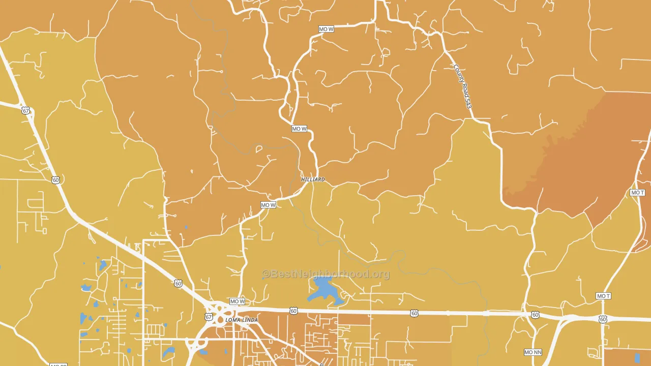 Map of the best neighborhoods in the Hilliard area, with better matches in green and worse matches in red