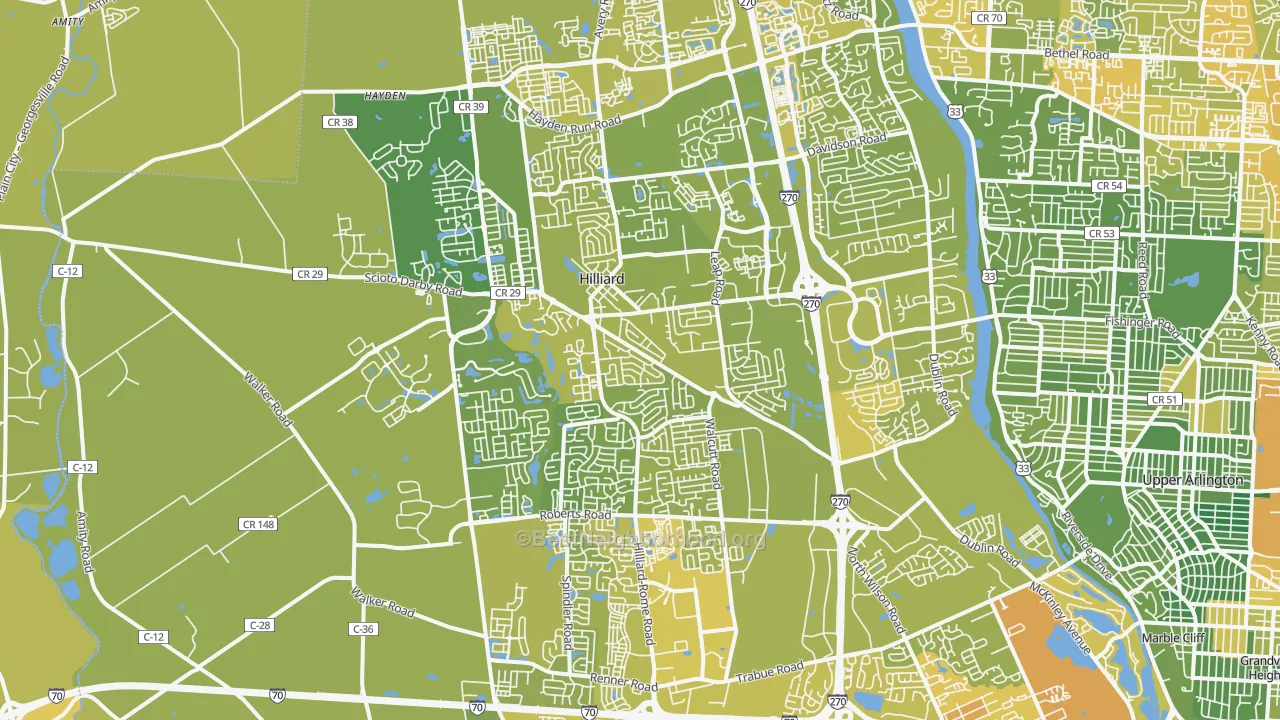 Map of the best neighborhoods in the Hilliard area, with better matches in green and worse matches in red