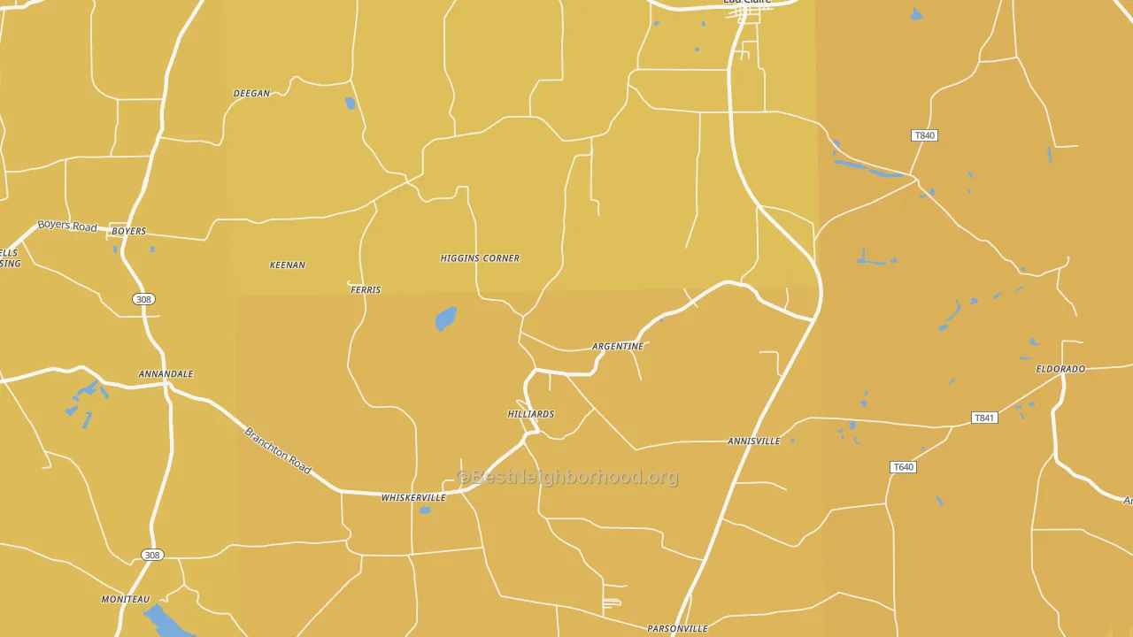 Map of the best neighborhoods in the Hilliards area, with better matches in green and worse matches in red