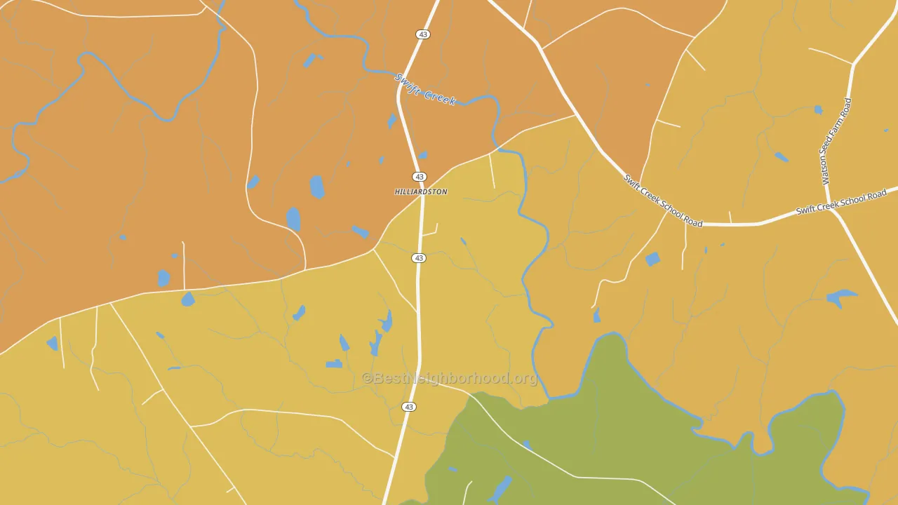Map of the best neighborhoods in the Hilliardston area, with better matches in green and worse matches in red