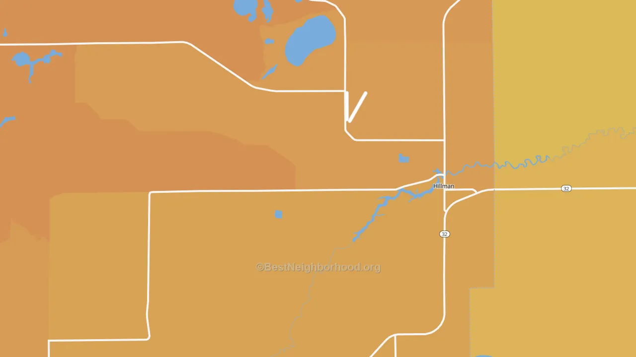 Map of the best neighborhoods in the Hillman area, with better matches in green and worse matches in red