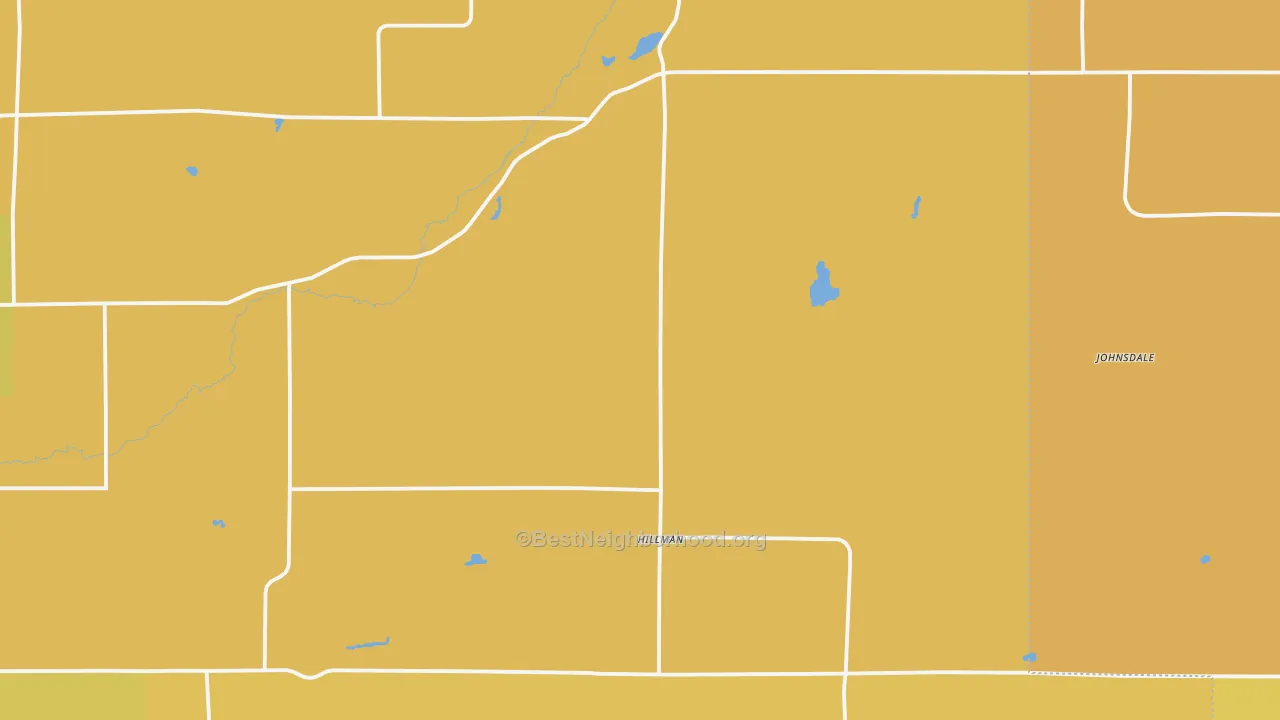 Map of the best neighborhoods in the Hillman area, with better matches in green and worse matches in red
