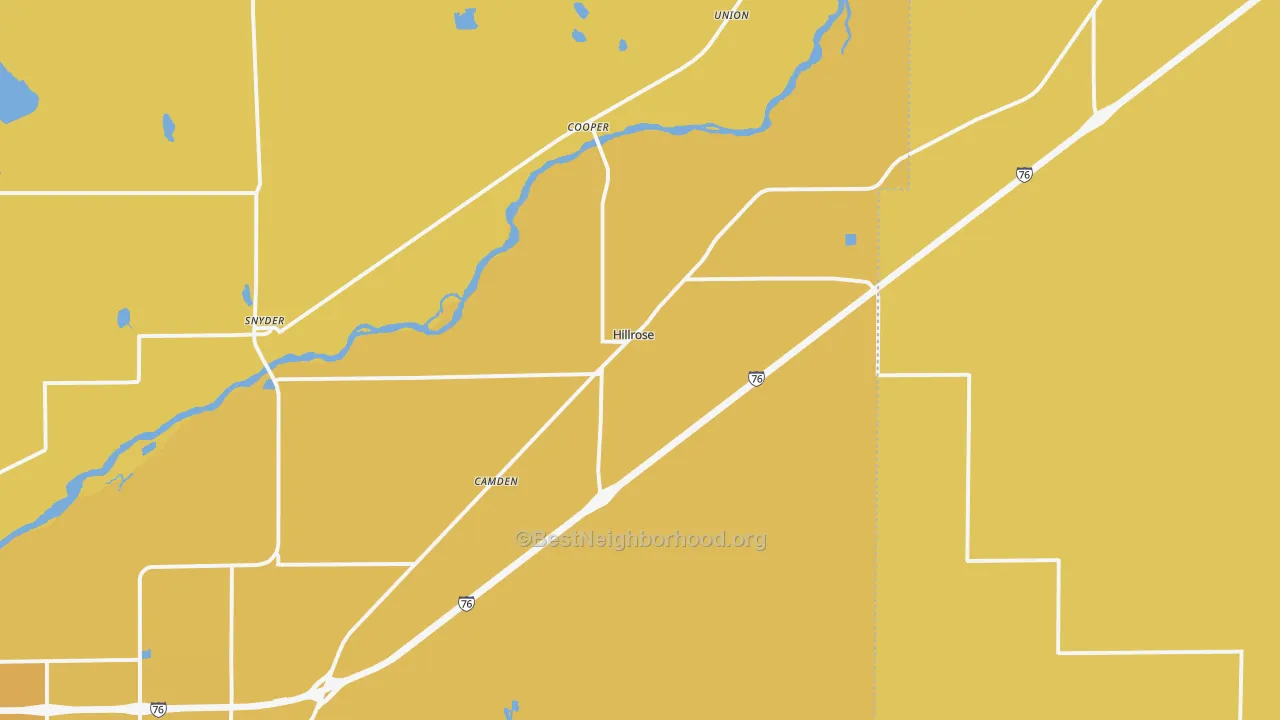 Map of the best neighborhoods in the Hillrose area, with better matches in green and worse matches in red